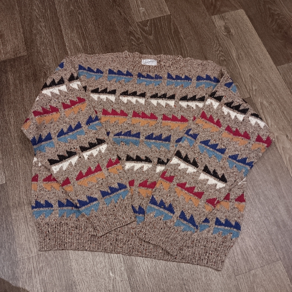 Y2k Vintage 100%wool Men's Geometric Crewneck Sweater - Brown, Blue, Red